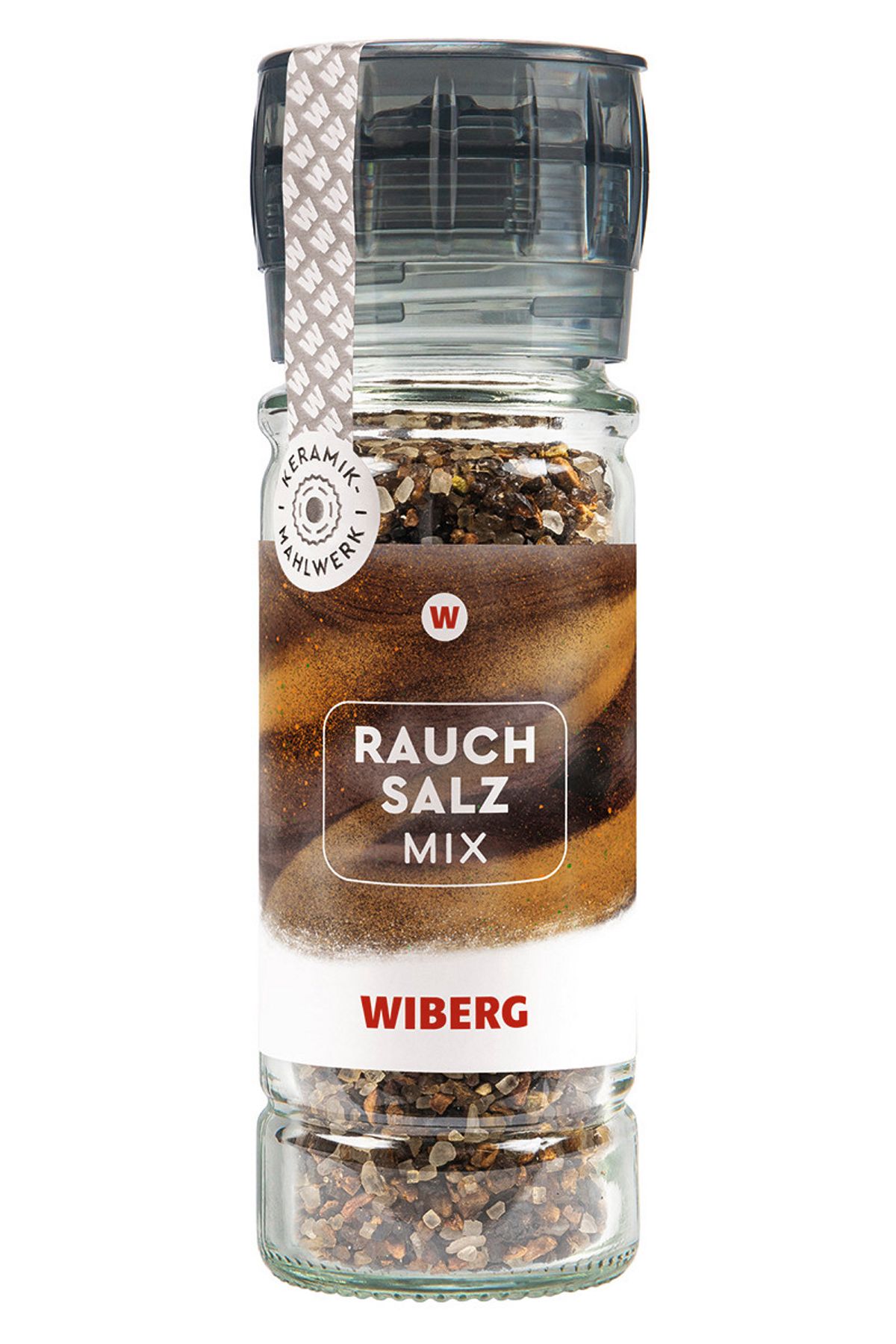 WIBERG Gewürzmühle Rauchsalz-Mix mit modernem Mühlenkopf aus recyceltem Kunststoff und starkem Keramikmahlwerk; Produktabbildung auf weißem Hintergrund.