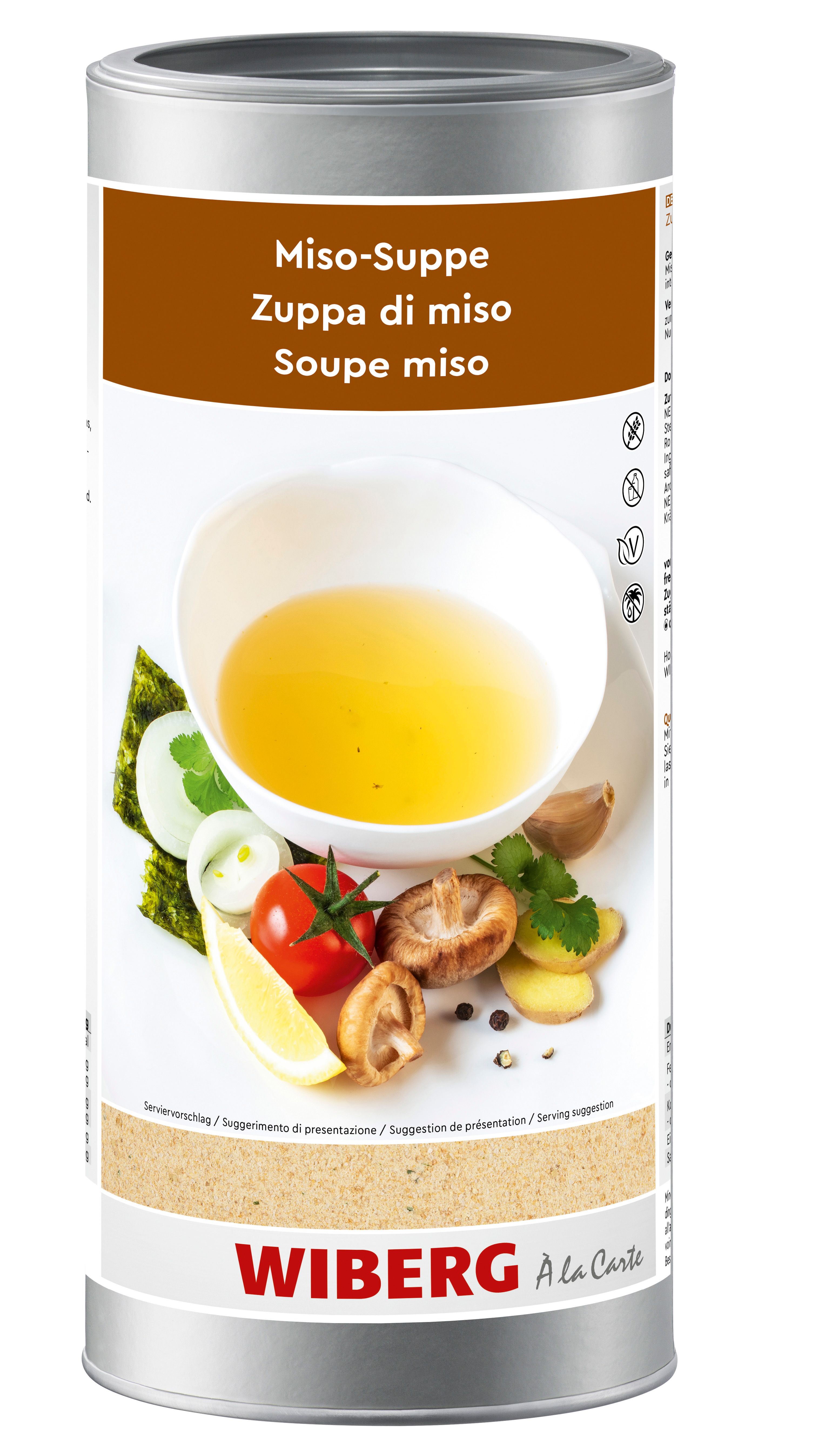 WIBERG Miso‑Suppe Zutatenmischung im 1600‑ml‑Aromatresor; Produktabbildung auf weißem Hintergrund.