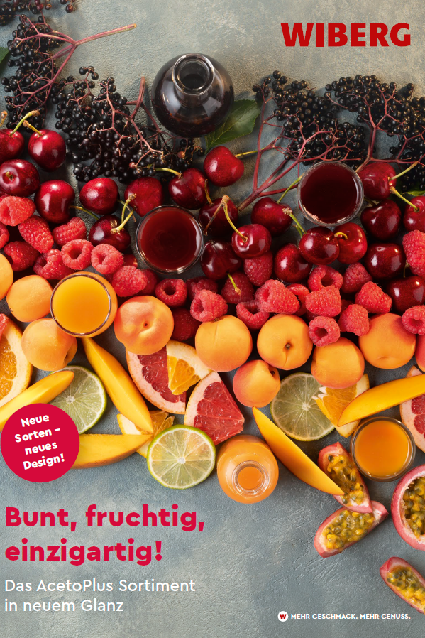 Titelseite des WIBERG Produktfolders „Bunt, fruchtig, einzigartig! Das AcetoPlus Sortiment im neuen Glanz“ mit Bubble „Neue Sorten – neues Design“.