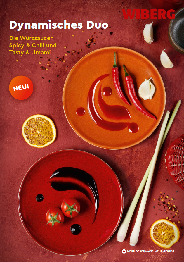 Titelseite des WIBERG Produktfolders „Dynamisches Duo. Die Würzsaucen Spicy Chili sowie Tasty Umami“