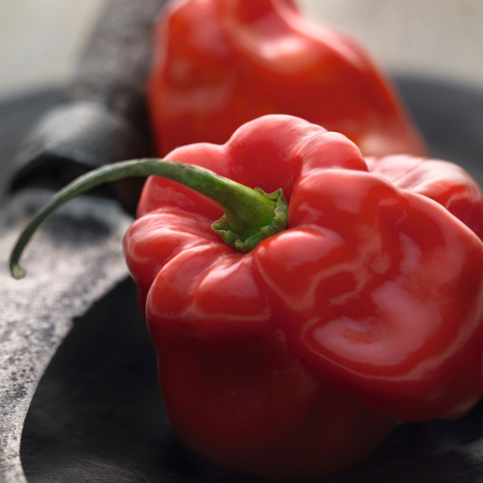 Rote Paprikaschoten  in einem dunklen Gefäß