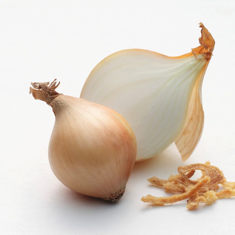 Ganze helle Zwiebel und halbierte helle Zwiebel vor weißem Hintergrund