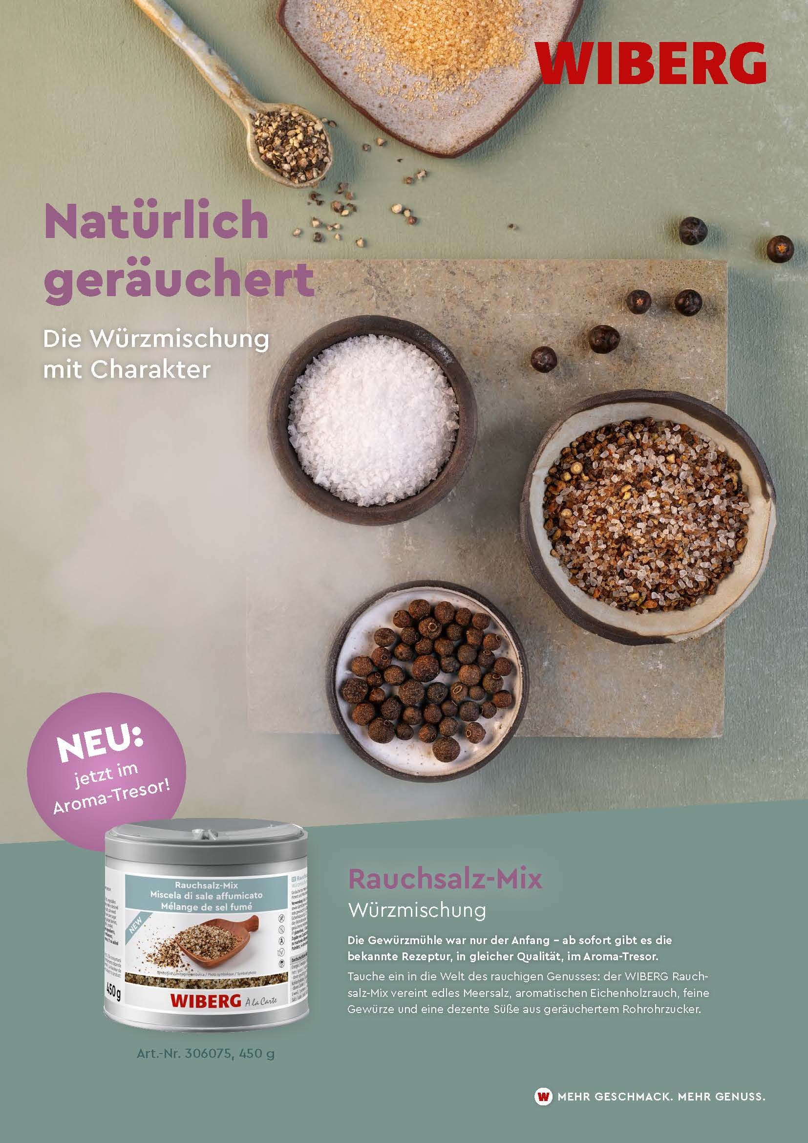 Titelseite des PDFs zum WIBERG Rauchsalz‑Mix – Hinweise zu Aromatresor, Gewürzmühle, Produktbeschreibung und Rezeptübersicht.