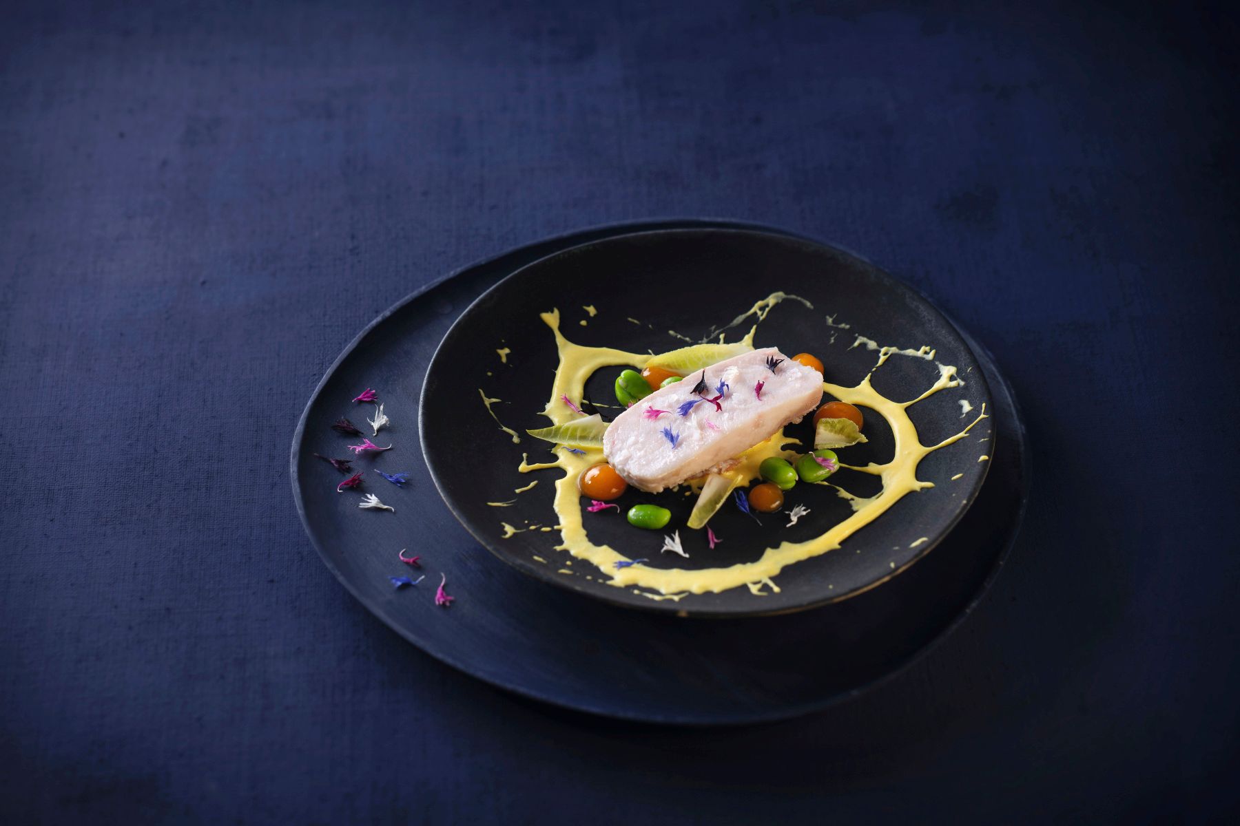 Kaninchenrücken mit Ackerbohnen, Safran und Kornblumenblüten dekorativ auf dunklem Teller vor dunkelviolettem Hintergrund – farbintensives Gourmetgericht mit WIBERG Exquisite Produkten für Profiköche.