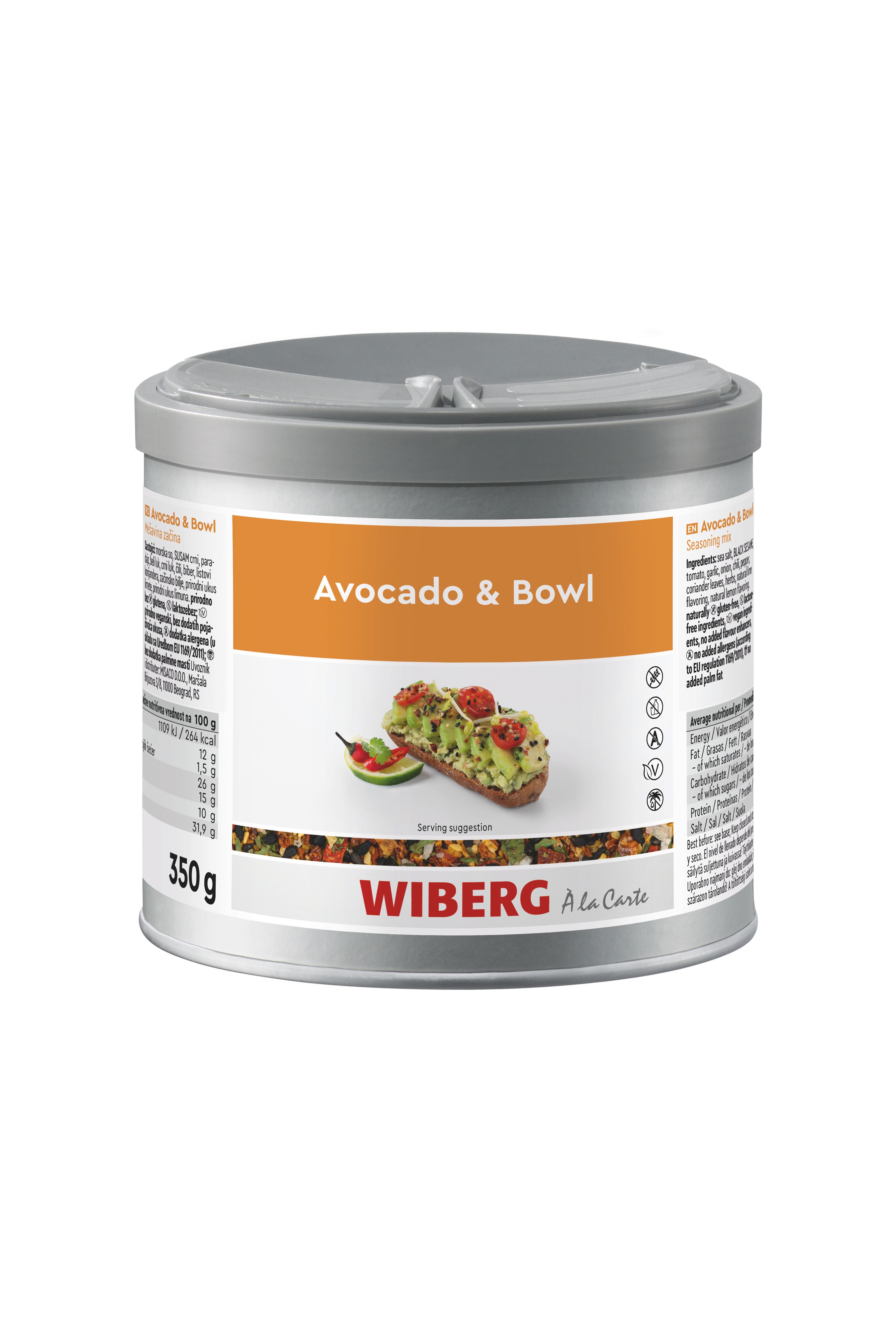 WIBERG Avocado & Bowl bunte Würzmischung im 470‑ml‑Aromatresor; Produktabbildung auf weißem Hintergrund.