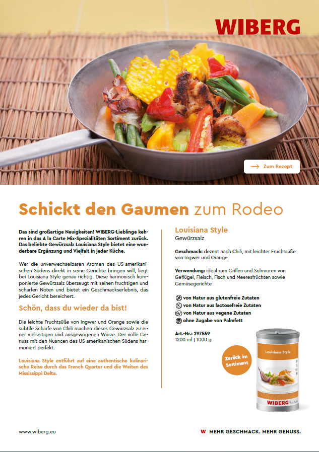 Titelseite der WIBERG Produktinfo „Schickt den Gaumen zum Rodeo“ zu den Produkten Louisiana Style und Camargue Style.