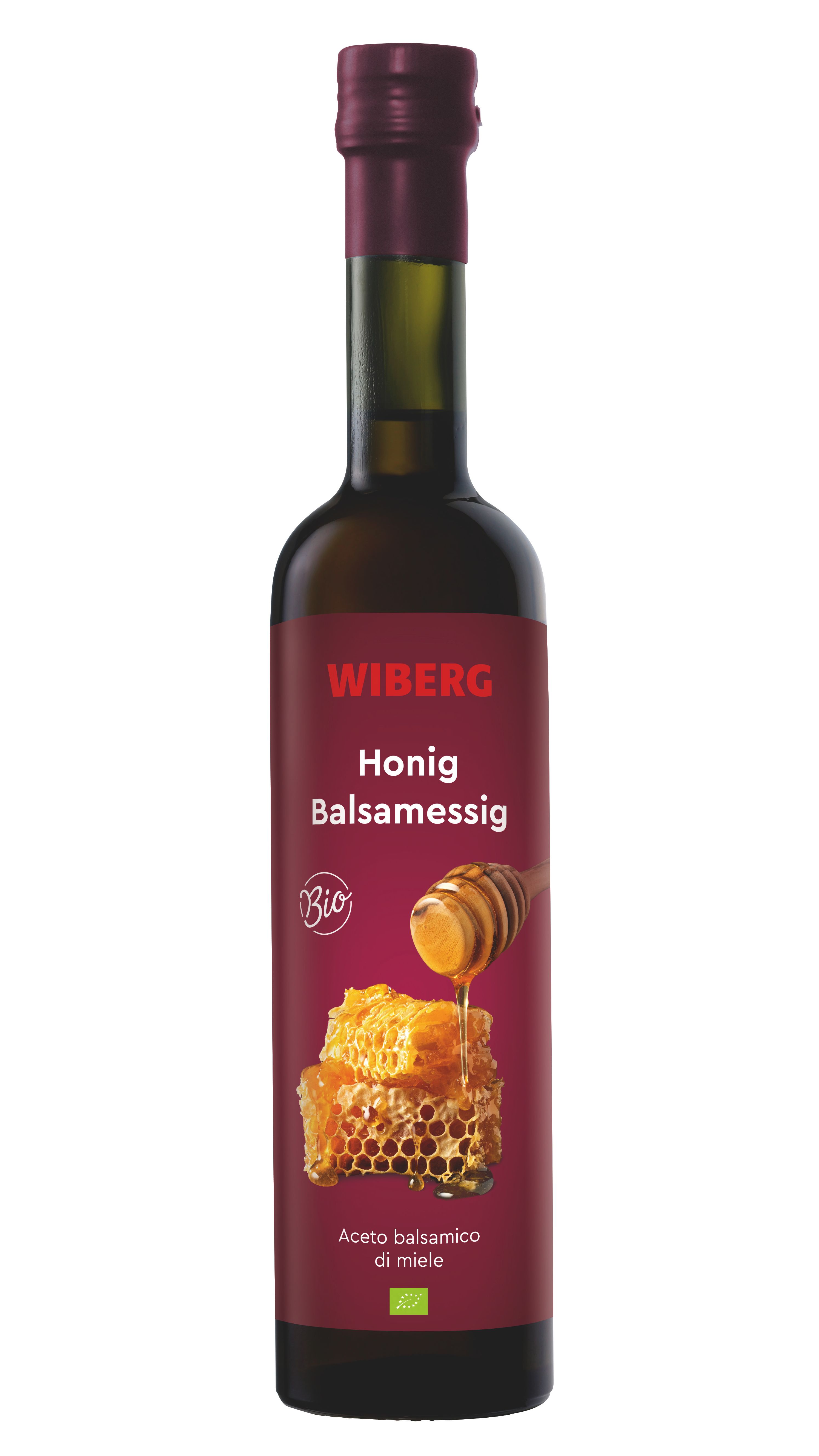 WIBERG BIO Honig‑Balsamessig in dunkler 500‑ml‑Flasche mit dunkelrotem Etikett; Produktabbildung auf weißem Hintergrund.