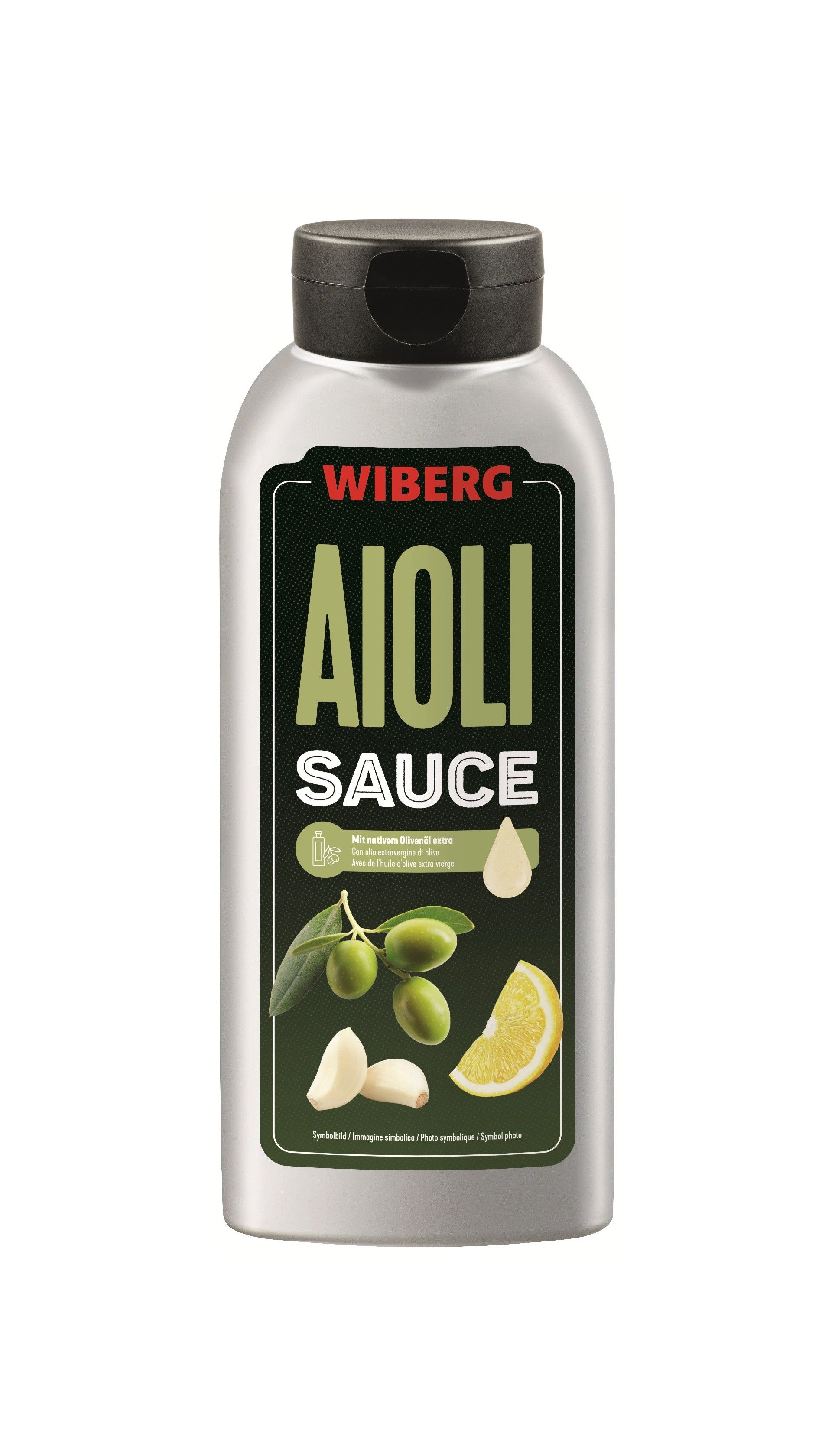 WIBERG Aioli Sauce in silberner Squeeze Flasche mit modernem Etikett  perfekt für Front Cooking Anwendungen; licht- und aromaschützende hochwertige Verpackung mit angenehmer Haptik und sicherem Handling; Produktabbildung auf weißem Hintergrund.“