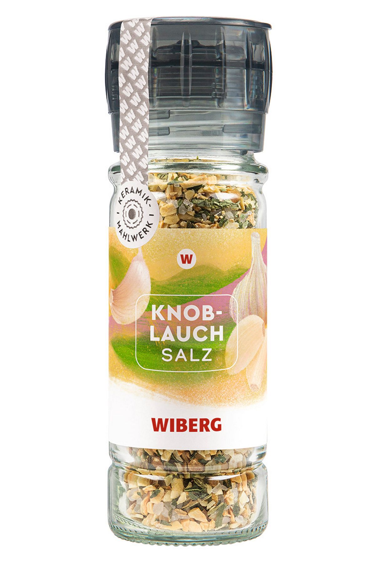 WIBERG Gewürzmühle Knoblauch‑Salz mit modernem Mühlenkopf aus recyceltem Kunststoff und starkem Keramikmahlwerk; Produktabbildung auf weißem Hintergrund.