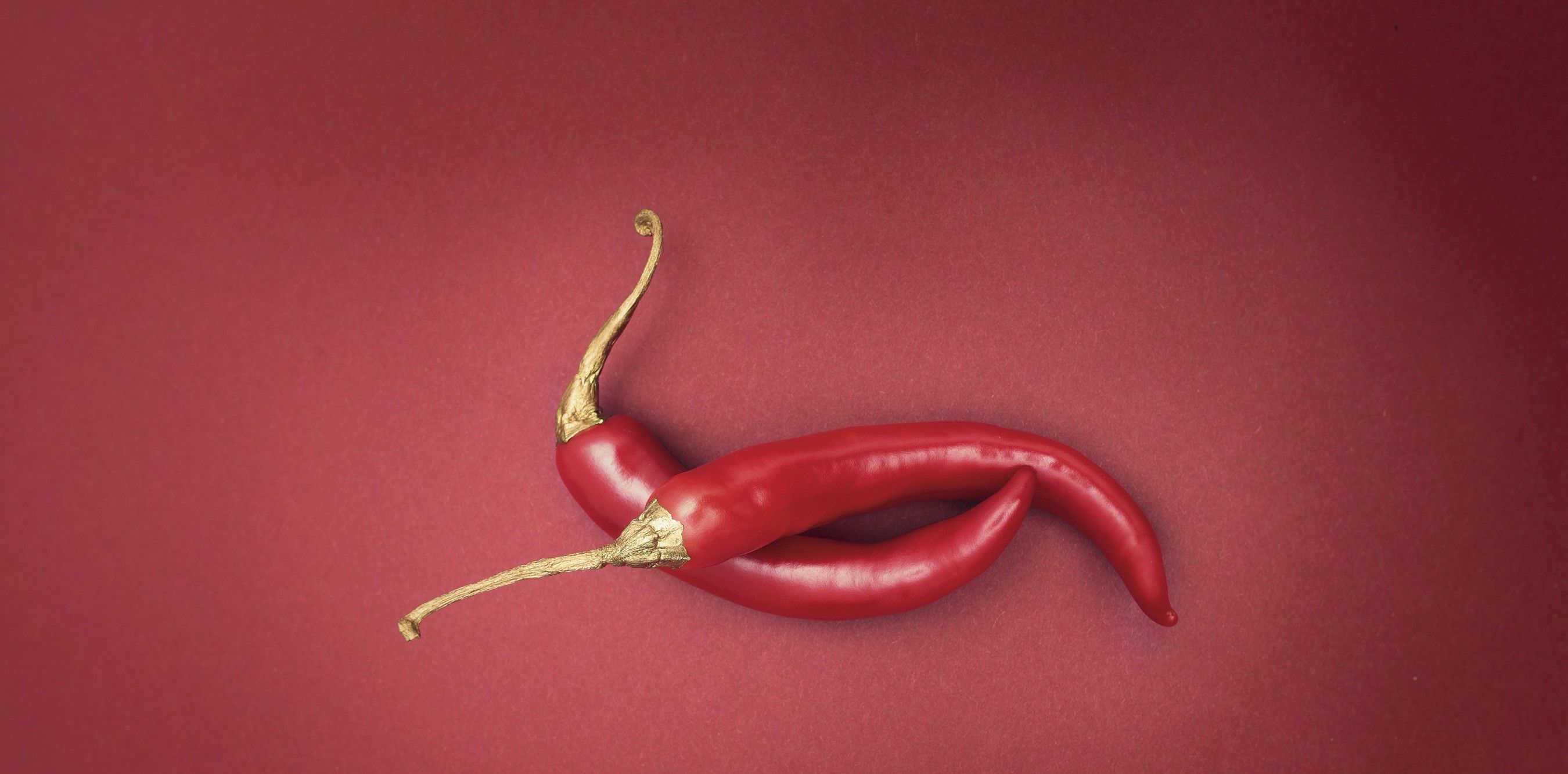 Von oben fotografierte zwei rote Chilischoten auf einem dunkelroten Hintergrund. Die Stiele der Chilischoten sind golden eingefärbt und sorgen für einen stimmungsvollen Farbkontrast.