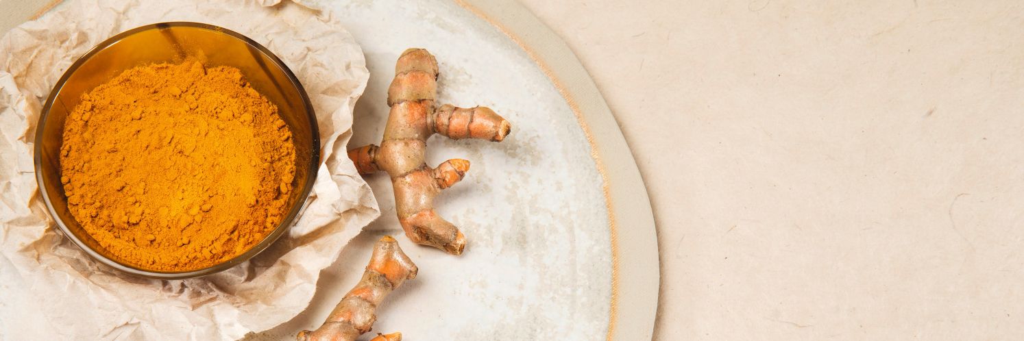 Gelbes Curcumapulver in einer Schale neben frischen Curcumawurzeln