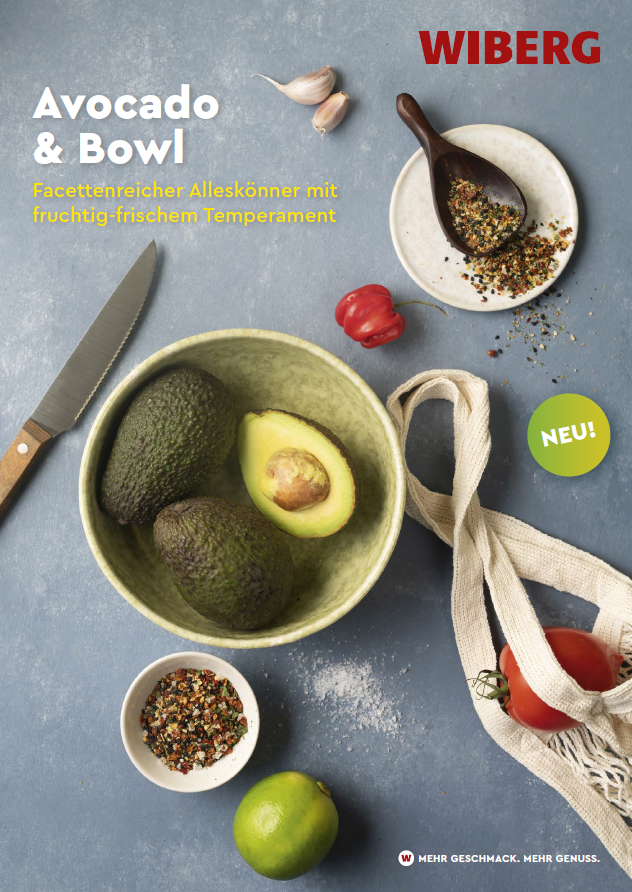 Titelseite des WIBERG Produktfolders „Avocado & Bowl. Facettenreicher Alleskönner mit fruchtig‑frischem Temperament.