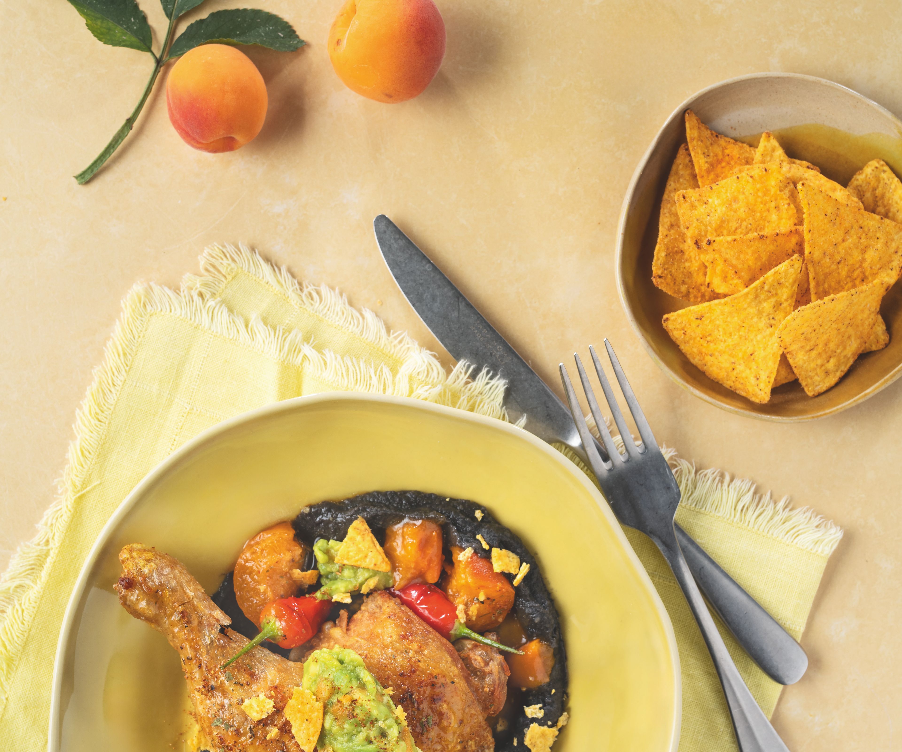 Gelber Teller auf apricotfarbenem Hintergrund mit glasierter, gewürzter Hühnerkeule auf schwarzem Bohnenpüree mit Marillenstücken, getoppt mit grüner Avocado‑Guacamole, zerbröselten Nachos und roten Chilis; daneben eine beige Schüssel mit gelben Nacho‑Chips, zwei Marillen und einem grünen Marillenblatt – Rezept zubereitet mit WIBERG Produkten.