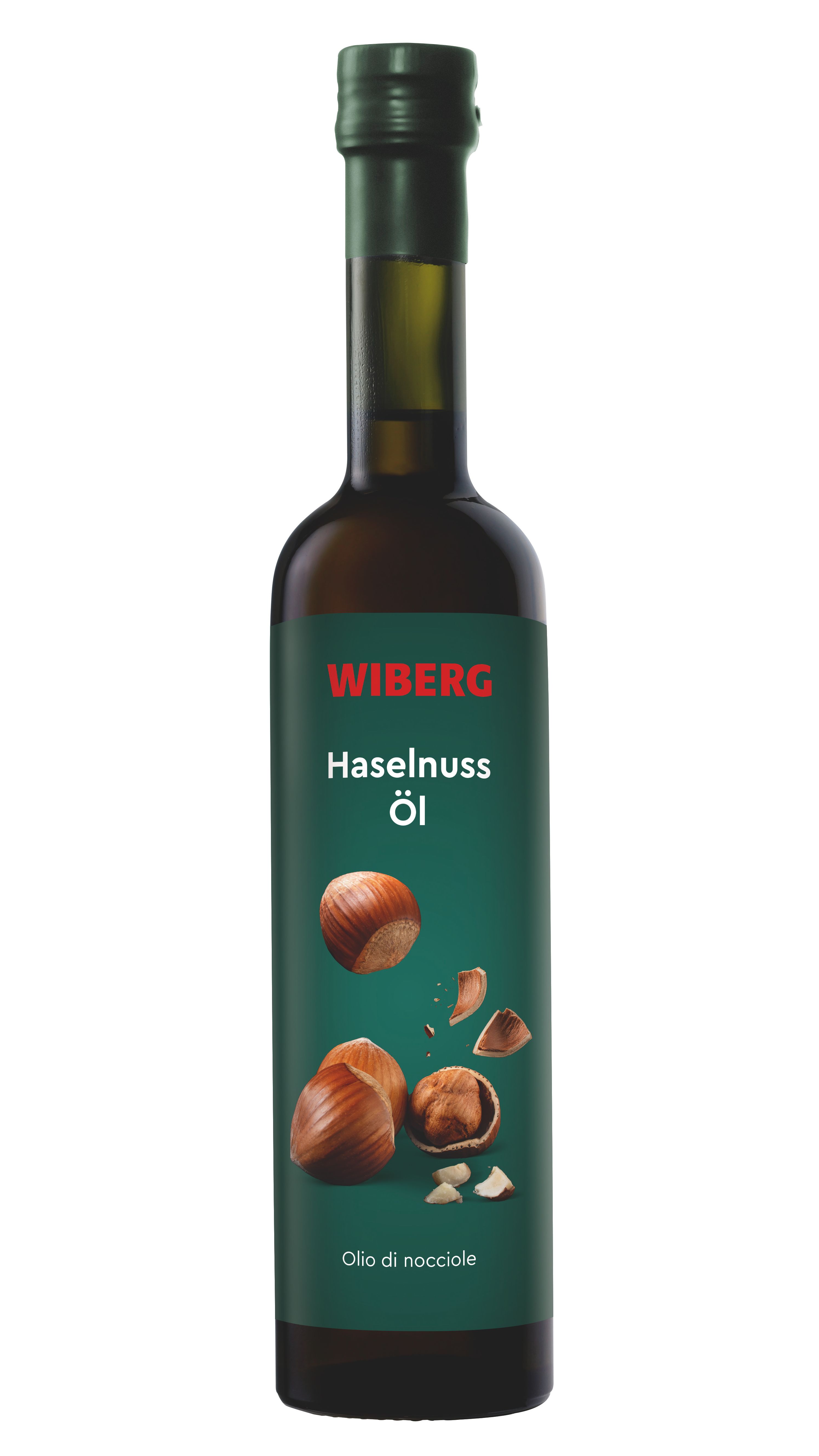 WIBERG Natives Haselnuss‑Öl in dunkler 500‑ml‑Glasflasche mit dunkelgrünem Etikett; Produktabbildung auf weißem Hintergrund.