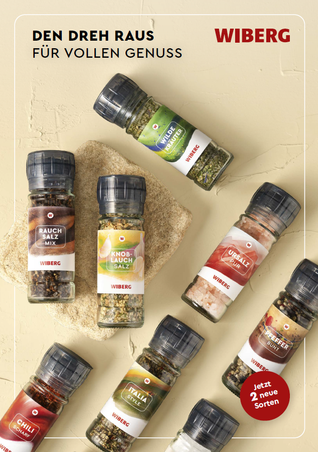 Titelseite des WIBERG Produktfolders mit dem Titel „Den Dreh raus für vollen Genuss“ zum Sortiment der WIBERG Gewürzmühlen.