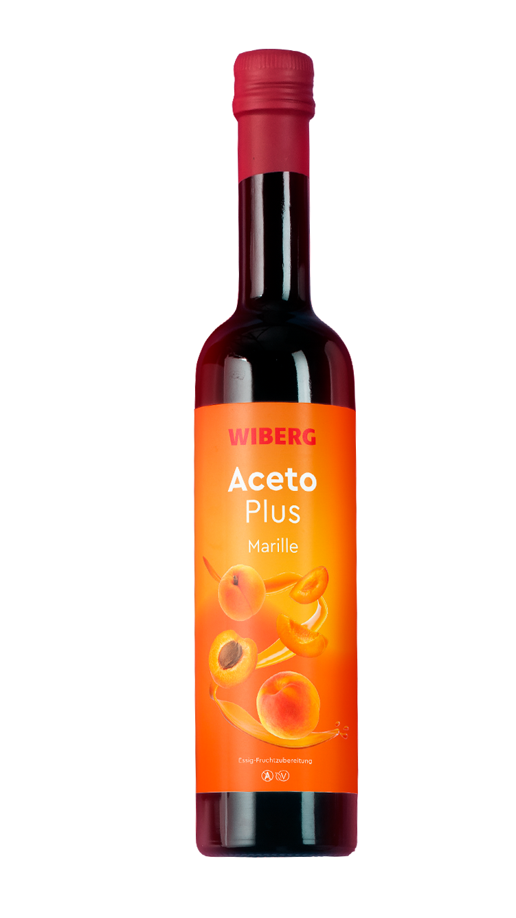 WIBERG AcetoPlus Marille Essig‑Fruchtzubereitung in dunkler 500‑ml‑Flasche mit modernem orangem Etikett.