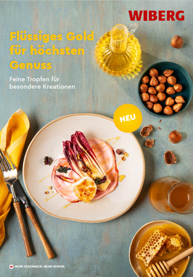 Titelseite des WIBERG Produktfolders zu BIO Honig‑Balsamessig und Haselnuss‑Öl mit der Headline „Flüssiges Gold für höchsten Genuss. Feinste Tropfen für besondere Kreationen.“