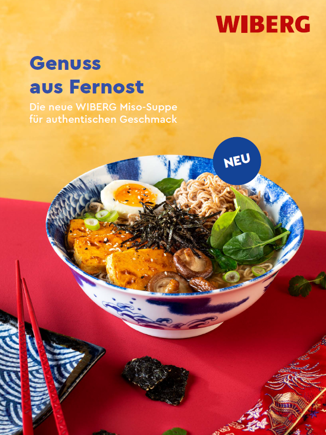 Titelseite des WIBERG Produktfolders „Genuss aus Fernost. Die neue WIBERG Miso‑Suppe für authentischen Geschmack.“