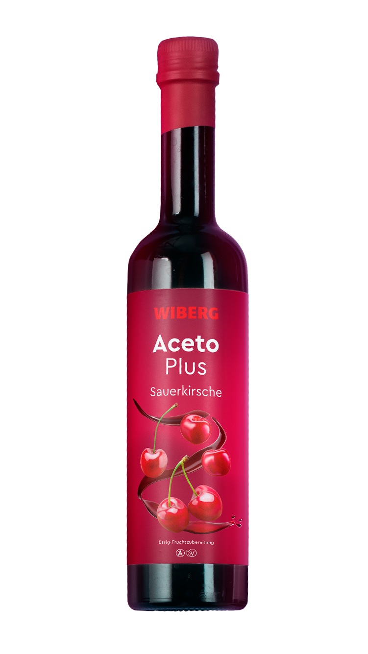 WIBERG AcetoPlus Sauerkirsche Essig‑Fruchtzubereitung in dunkler 500‑ml‑Flasche mit modernem kirschroten Etikett.