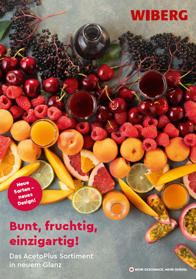 Titelseite des WIBERG Produktfolders „Bunt, fruchtig, einzigartig! Das AcetoPlus Sortiment im neuen Glanz“ mit Bubble „Neue Sorten – neues Design“.