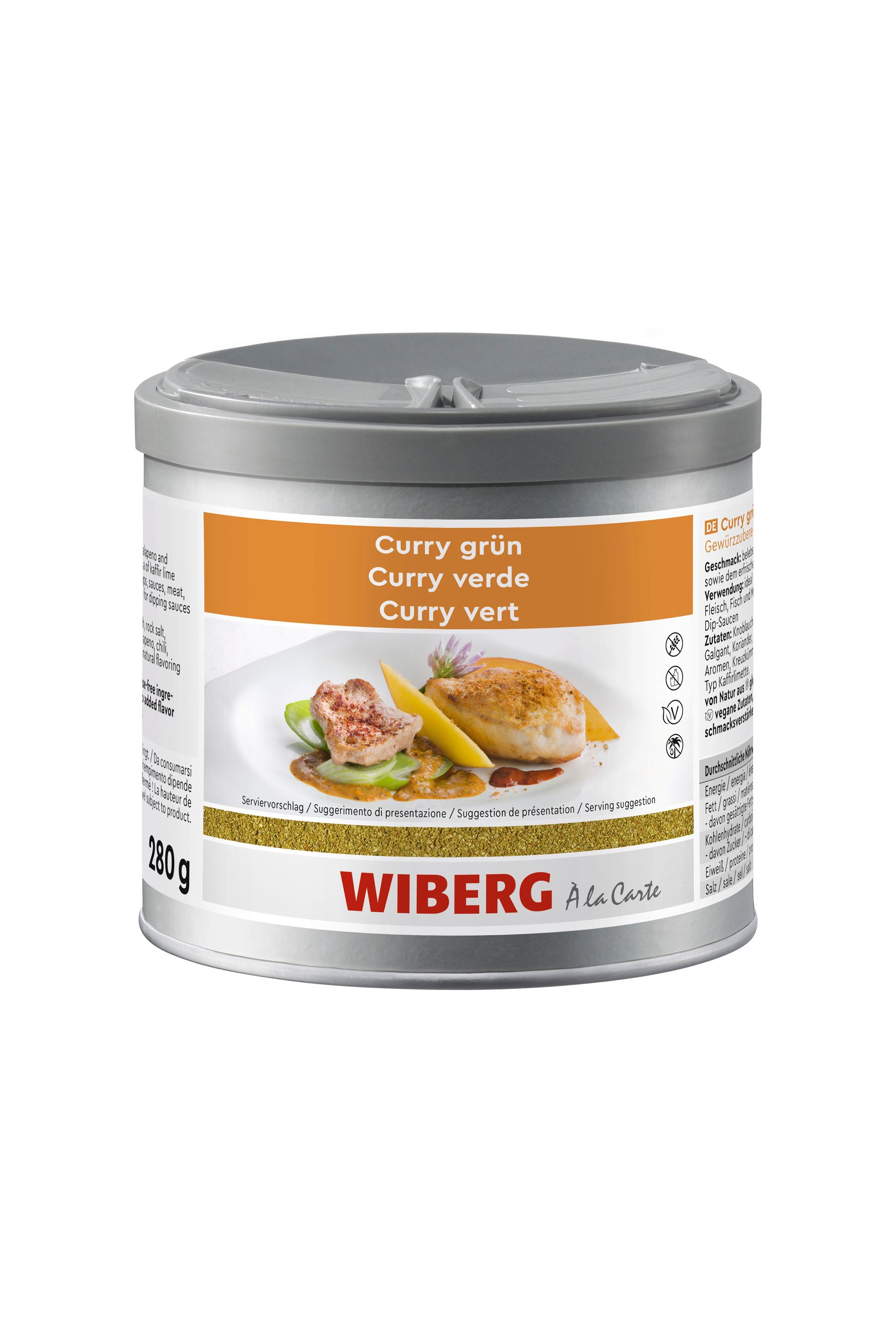 WIBERG Curry Grün thailändische Gewürzzubereitung im 470‑ml‑Aromatresor; Produktabbildung auf weißem Hintergrund.