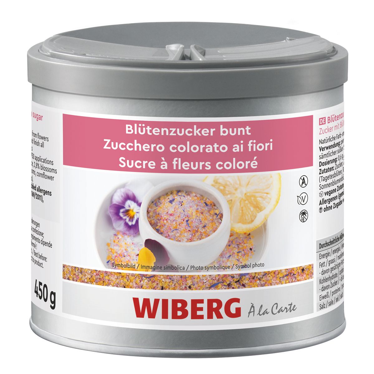 WIBERG Blütenzucker bunt – bunter Zucker mit Blüten im 470‑ml‑Aromatresor; Produktabbildung auf weißem Hintergrund.